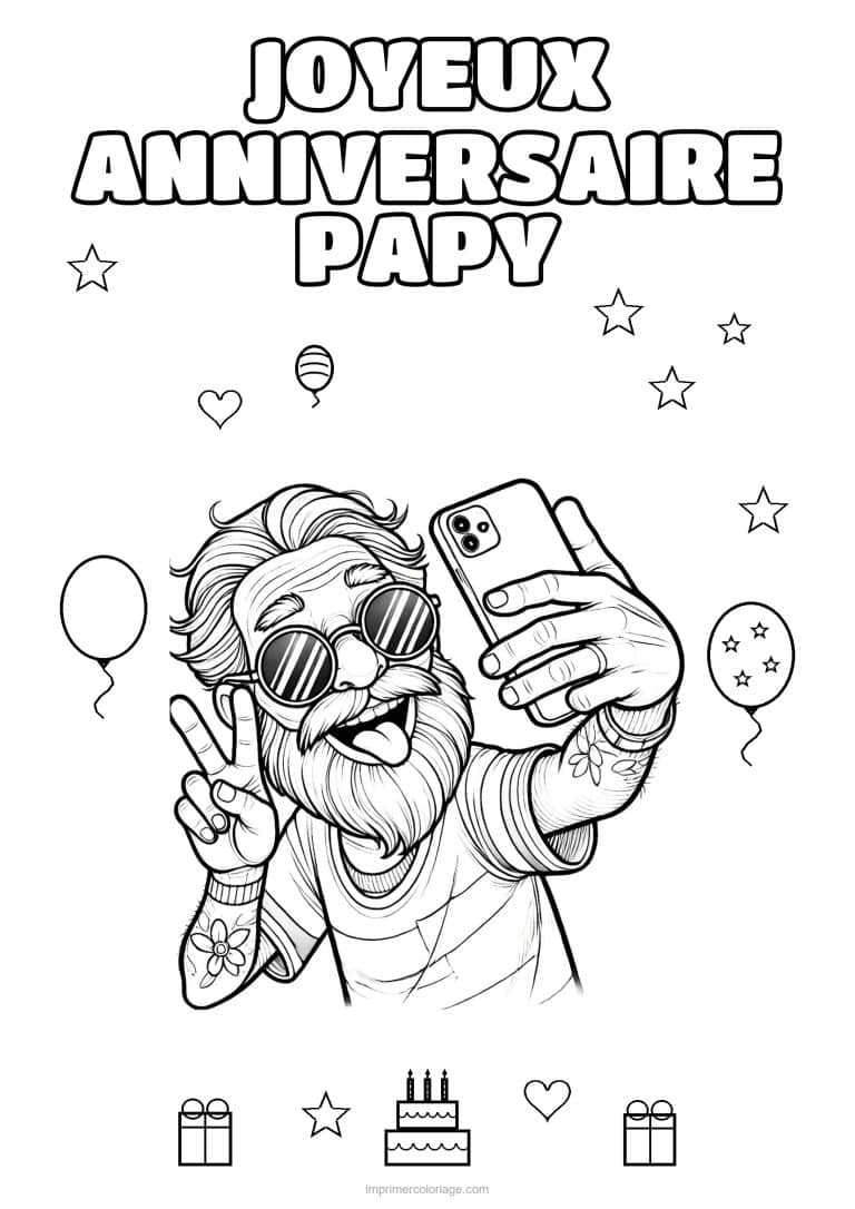 coloriage joyeux anniversaire papy papy qui prend un selfie - dessin gratuit &agrave; imprimer