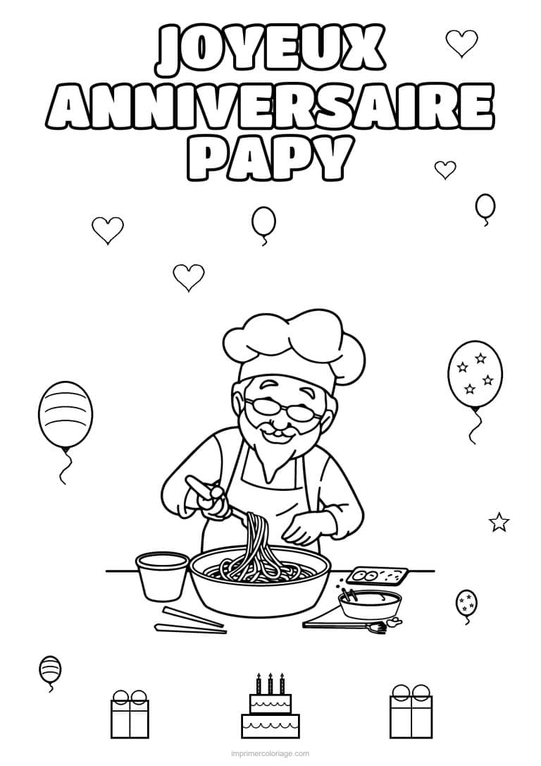 coloriage joyeux anniversaire papy papy qui prepare des spaghettis - dessin gratuit &agrave; imprimer