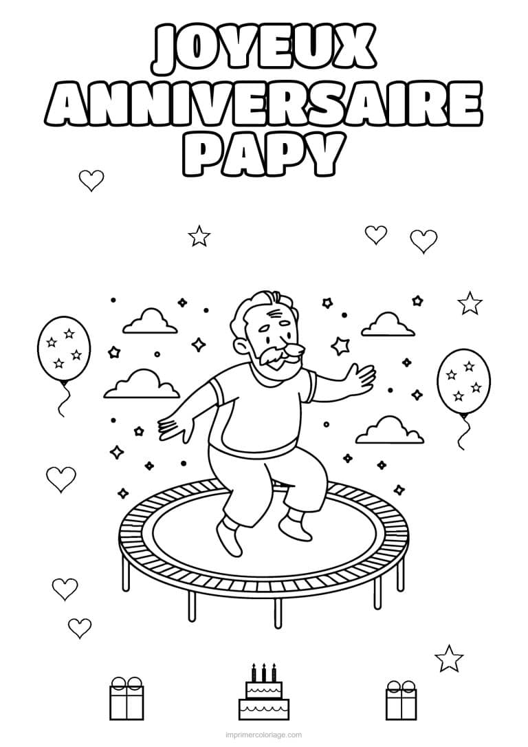 coloriage joyeux anniversaire papy papy sur un trampoline - dessin gratuit &agrave; imprimer