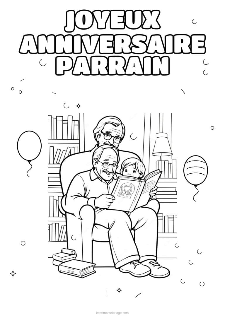 coloriage joyeux anniversaire parrain un adulte et ses enfants 1 - dessin gratuit &agrave; imprimer