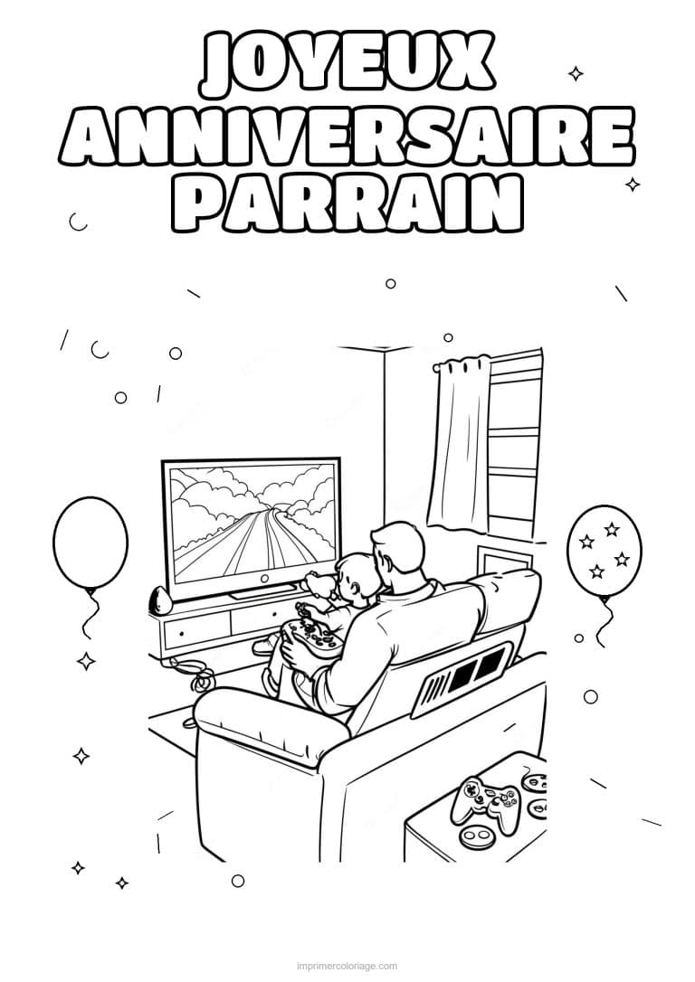 coloriage joyeux anniversaire parrain un adulte et ses enfants 3 - dessin gratuit &agrave; imprimer