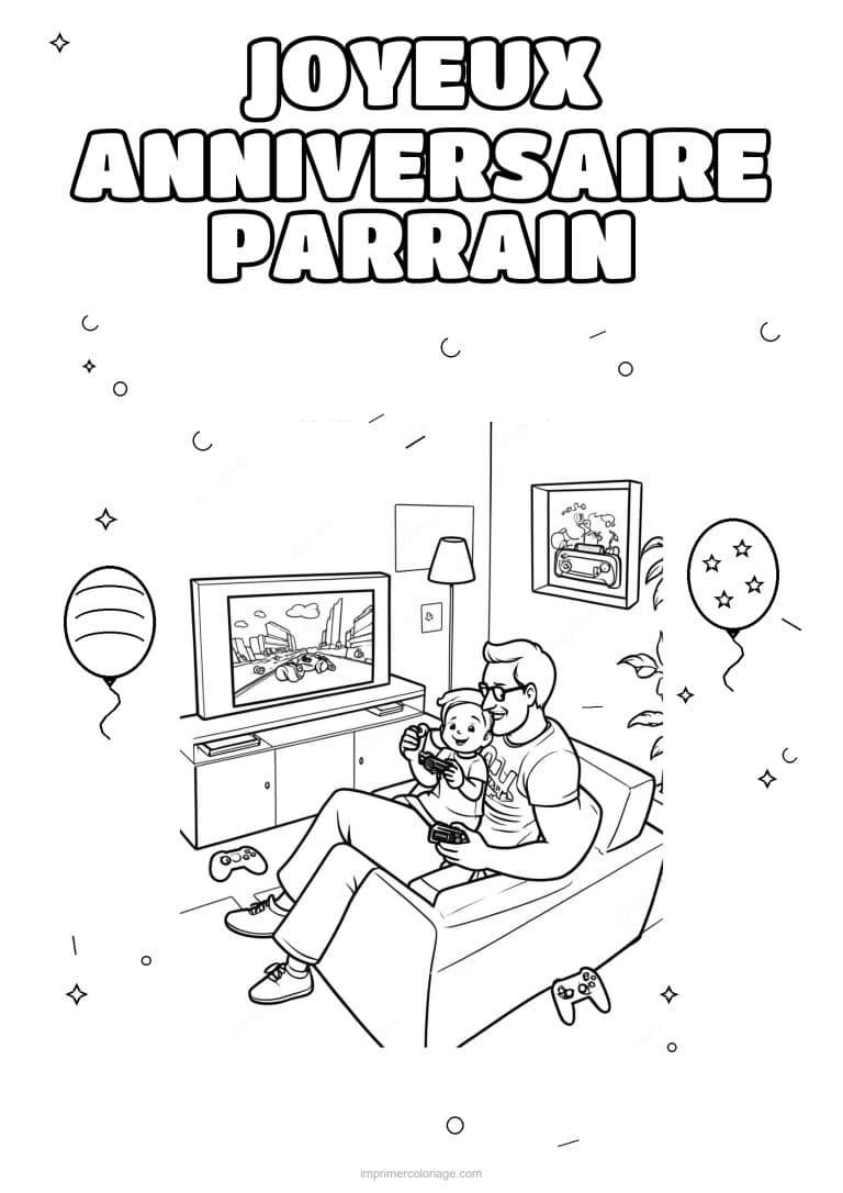 coloriage joyeux anniversaire parrain un adulte et ses enfants 5 - dessin gratuit &agrave; imprimer
