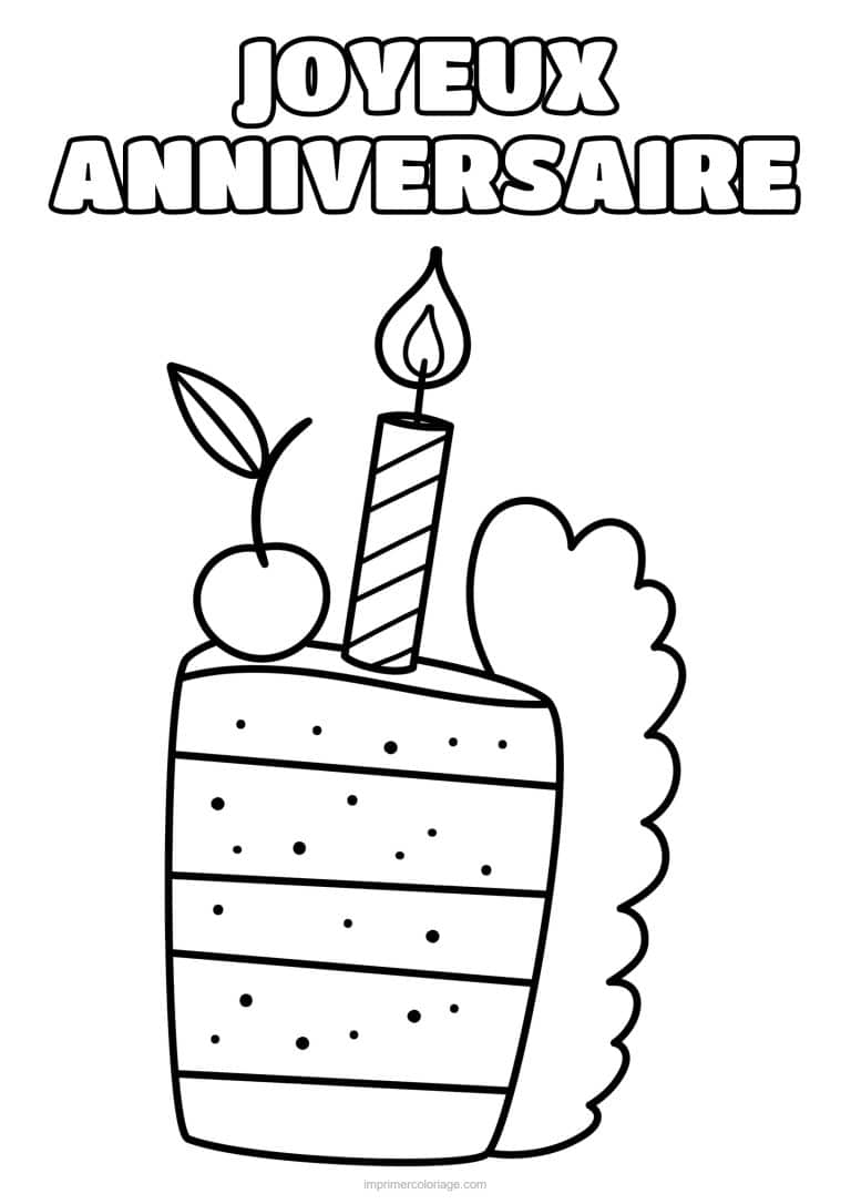 coloriage joyeux anniversaire part de gateau et cerise - dessin gratuit &agrave; imprimer