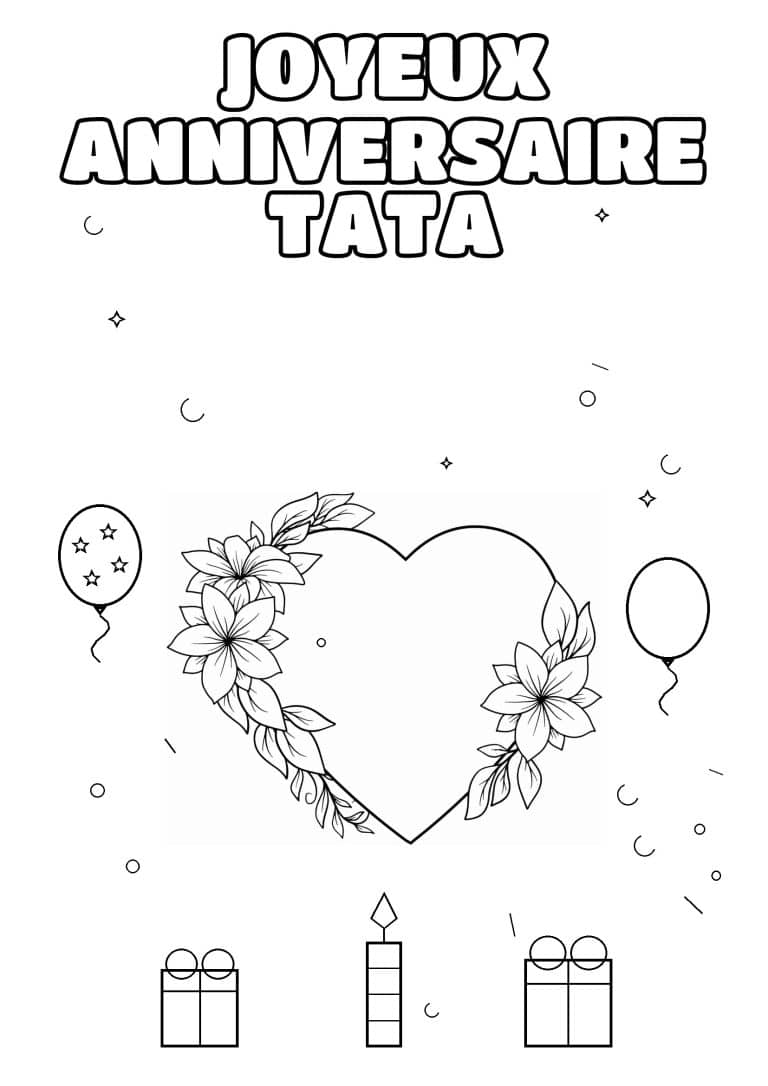 coloriage joyeux anniversaire tata coeur fleuri simple - dessin gratuit &agrave; imprimer
