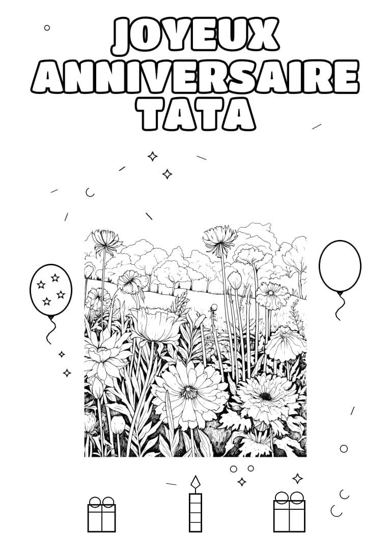 coloriage joyeux anniversaire tata massif de fleurs - dessin gratuit &agrave; imprimer