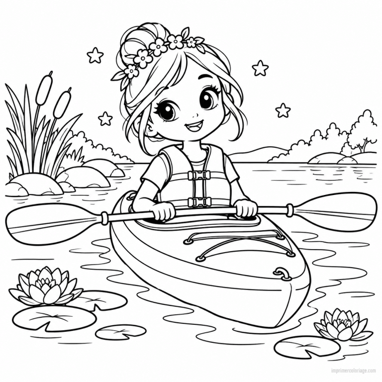 coloriage kayak cute kayakiste couronne fleurs - dessin gratuit &agrave; imprimer