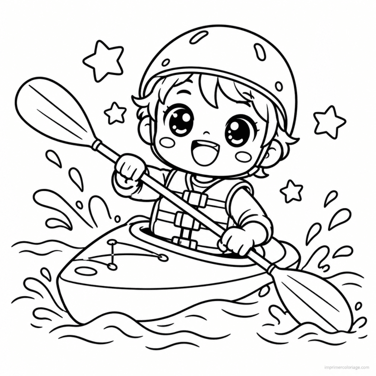 coloriage kayak kawaii kayakiste joyeux pagaie - dessin gratuit &agrave; imprimer