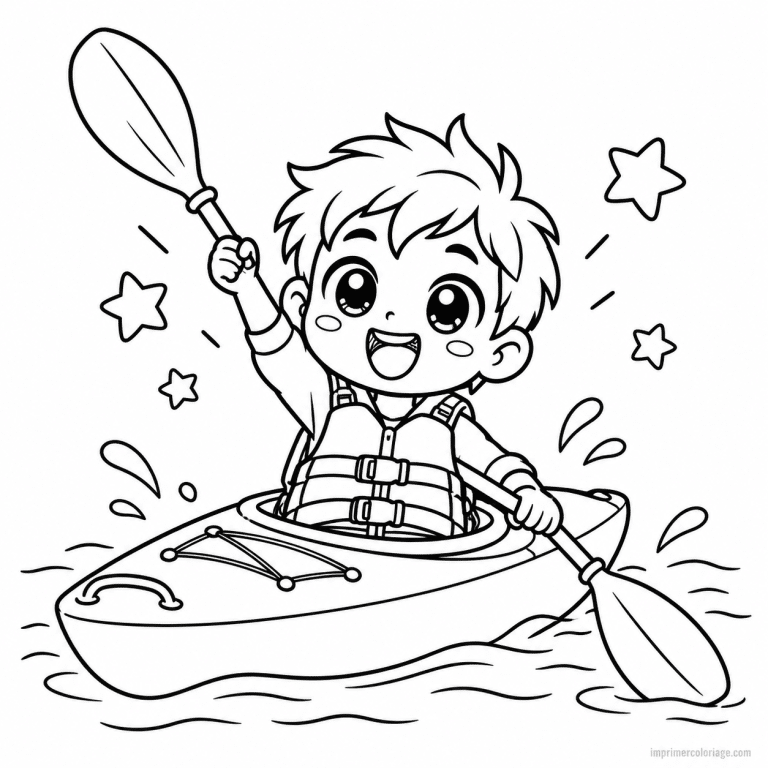 coloriage kayak kawaii kayakiste pagaie levee - dessin gratuit &agrave; imprimer