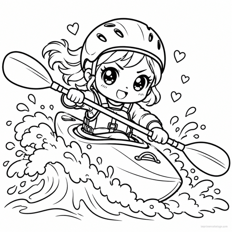 coloriage kayak kawaii kayakiste vague casque - dessin gratuit &agrave; imprimer