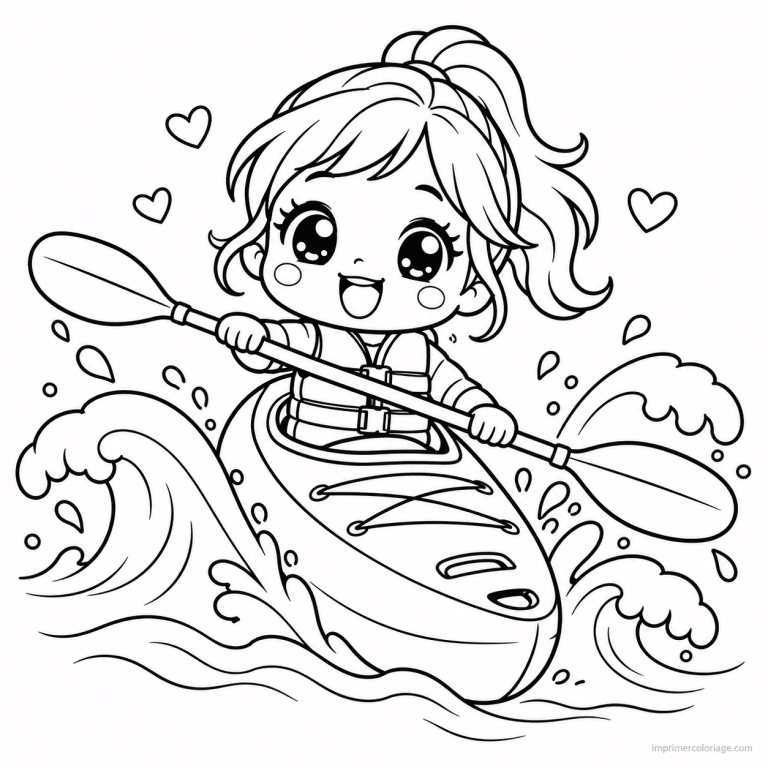 coloriage kayak kawaii kayakiste vagues coeurs - dessin gratuit &agrave; imprimer