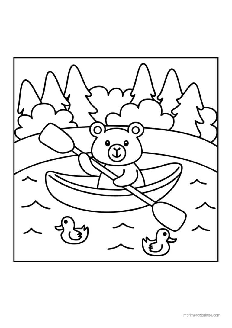 coloriage kayak ourson canoe canards - dessin gratuit &agrave; imprimer