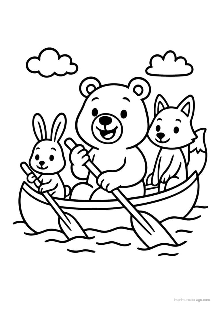 coloriage kayak ourson lapin renard canoe - dessin gratuit &agrave; imprimer