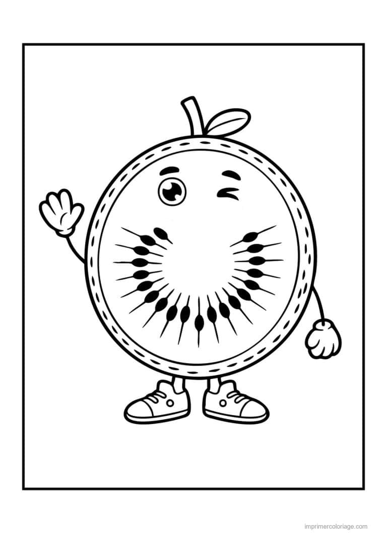 coloriage kiwi tranche de kiwi kawaii en baskets - dessin gratuit &agrave; imprimer