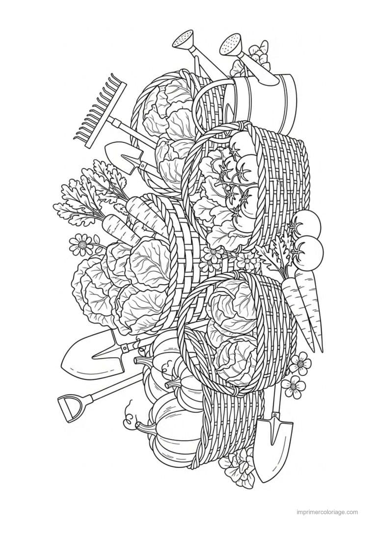 coloriage legumes panier de legumes et outils de jardin - dessin gratuit &agrave; imprimer