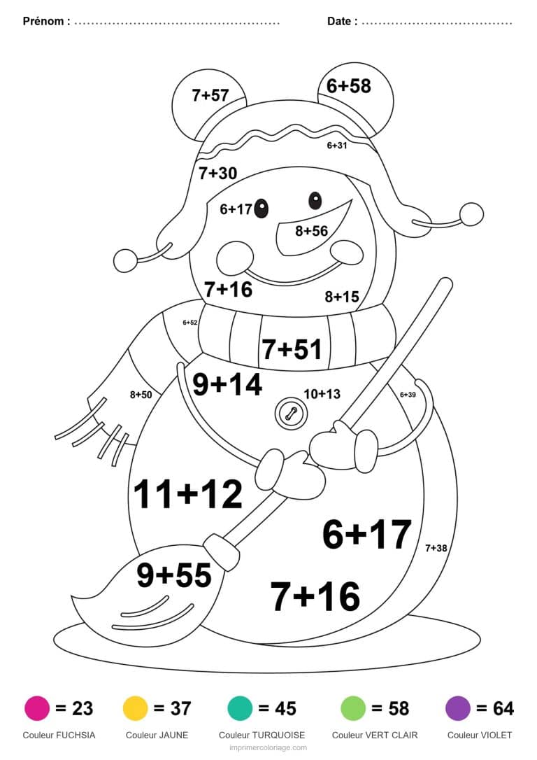 coloriage magique addition bonhomme de neige au balai difficile - dessin gratuit &agrave; imprimer