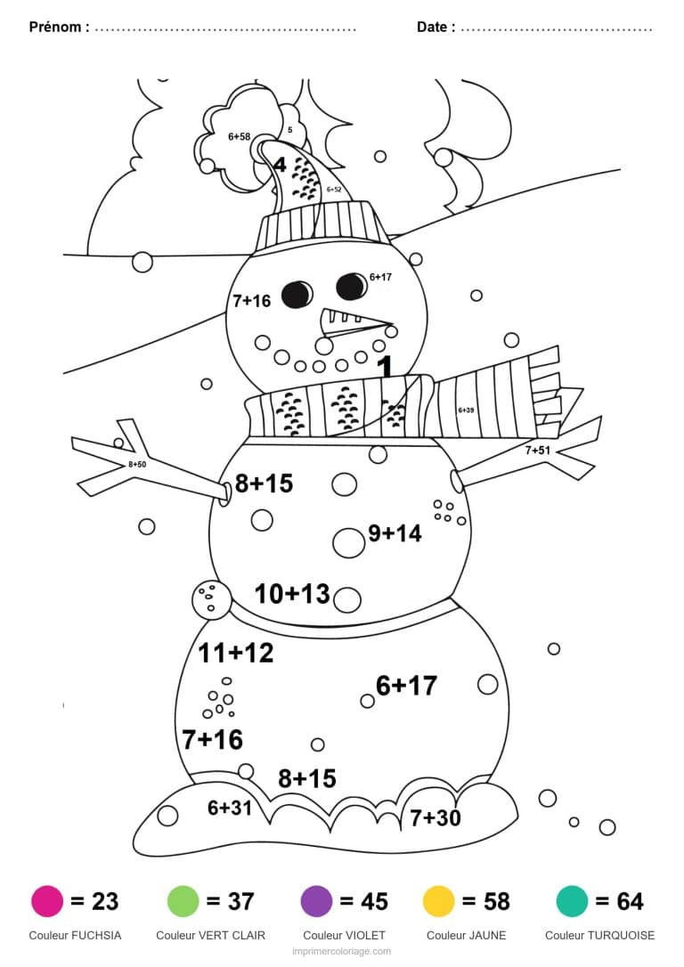 coloriage magique addition bonhomme de neige difficile - dessin gratuit &agrave; imprimer