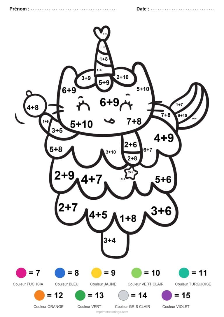 coloriage magique addition chat licorne au gateau facile - dessin gratuit &agrave; imprimer