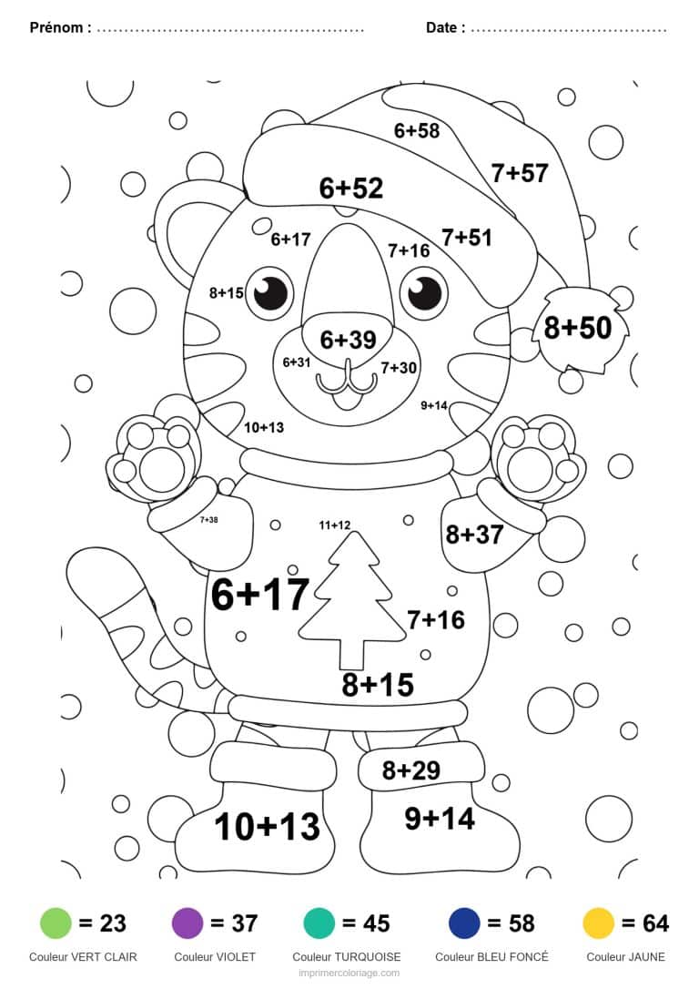 coloriage magique addition chaton de noel difficile - dessin gratuit &agrave; imprimer