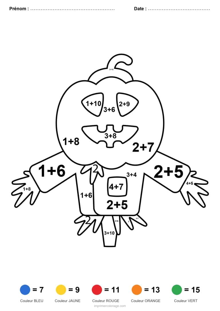 coloriage magique addition epouvantail citrouille facile - dessin gratuit &agrave; imprimer
