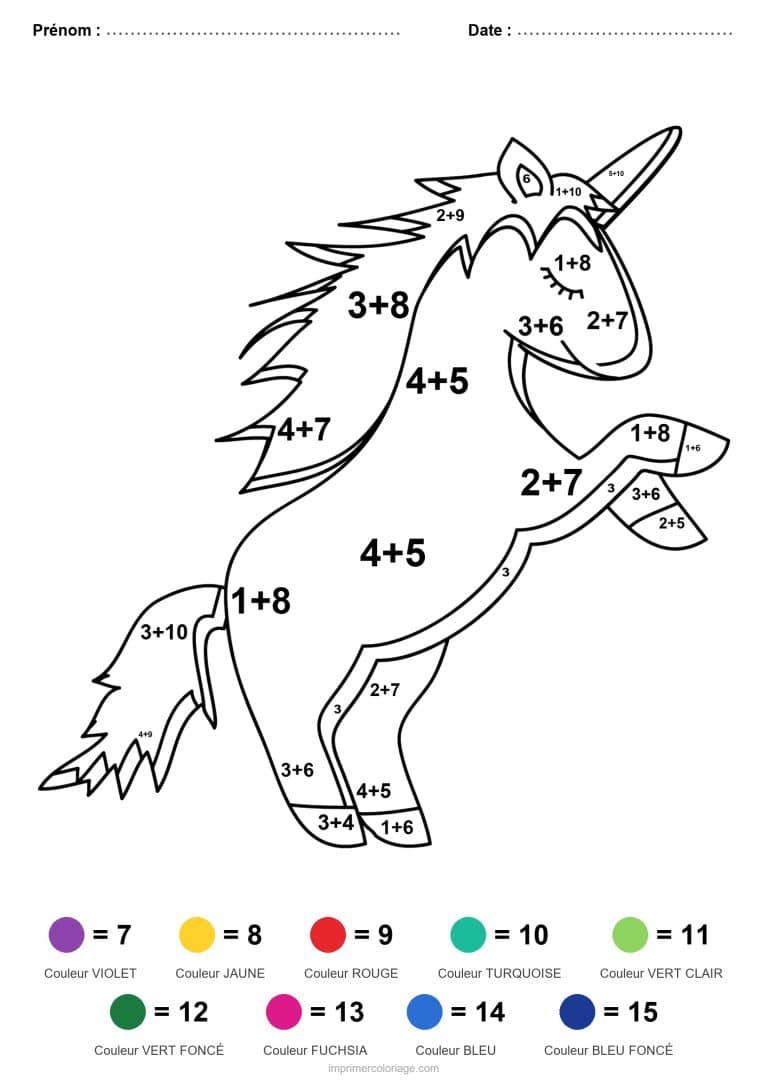 coloriage magique addition licorne cabree facile - dessin gratuit &agrave; imprimer