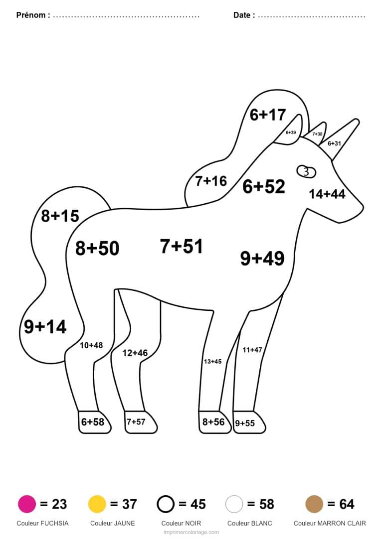 coloriage magique addition licorne debout difficile - dessin gratuit &agrave; imprimer