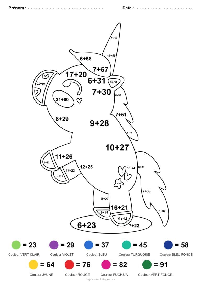 coloriage magique addition licorne fleurie difficile - dessin gratuit &agrave; imprimer