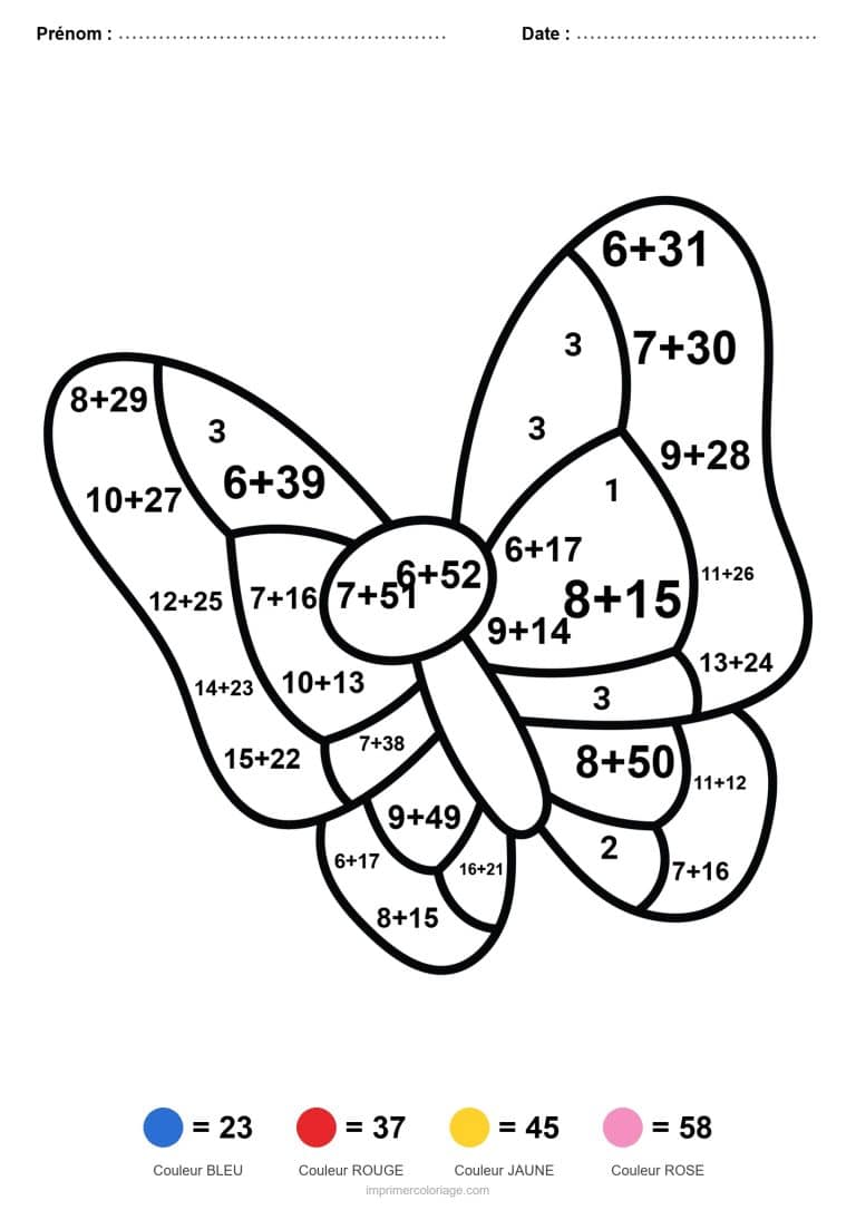 coloriage magique addition papillon difficile - dessin gratuit &agrave; imprimer