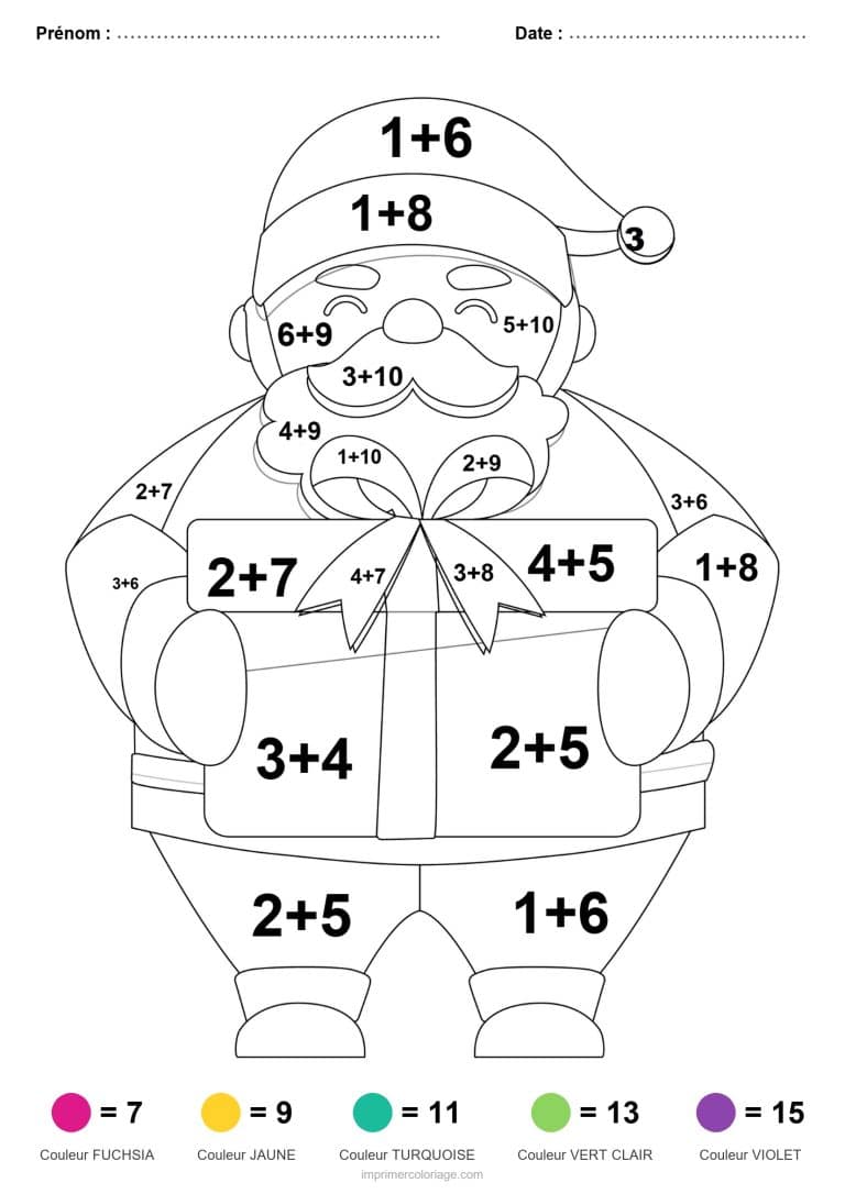 coloriage magique addition pere noel au gros cadeau facile - dessin gratuit &agrave; imprimer