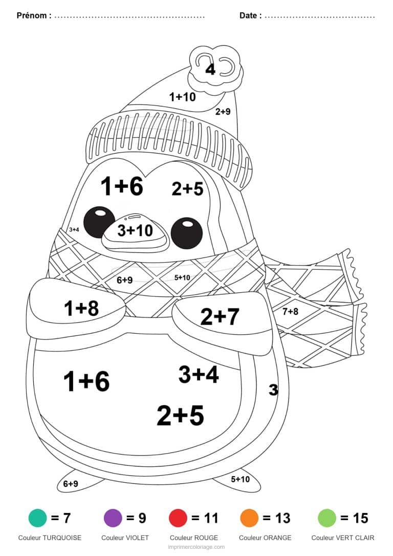 coloriage magique addition pingouin au bonnet facile - dessin gratuit &agrave; imprimer