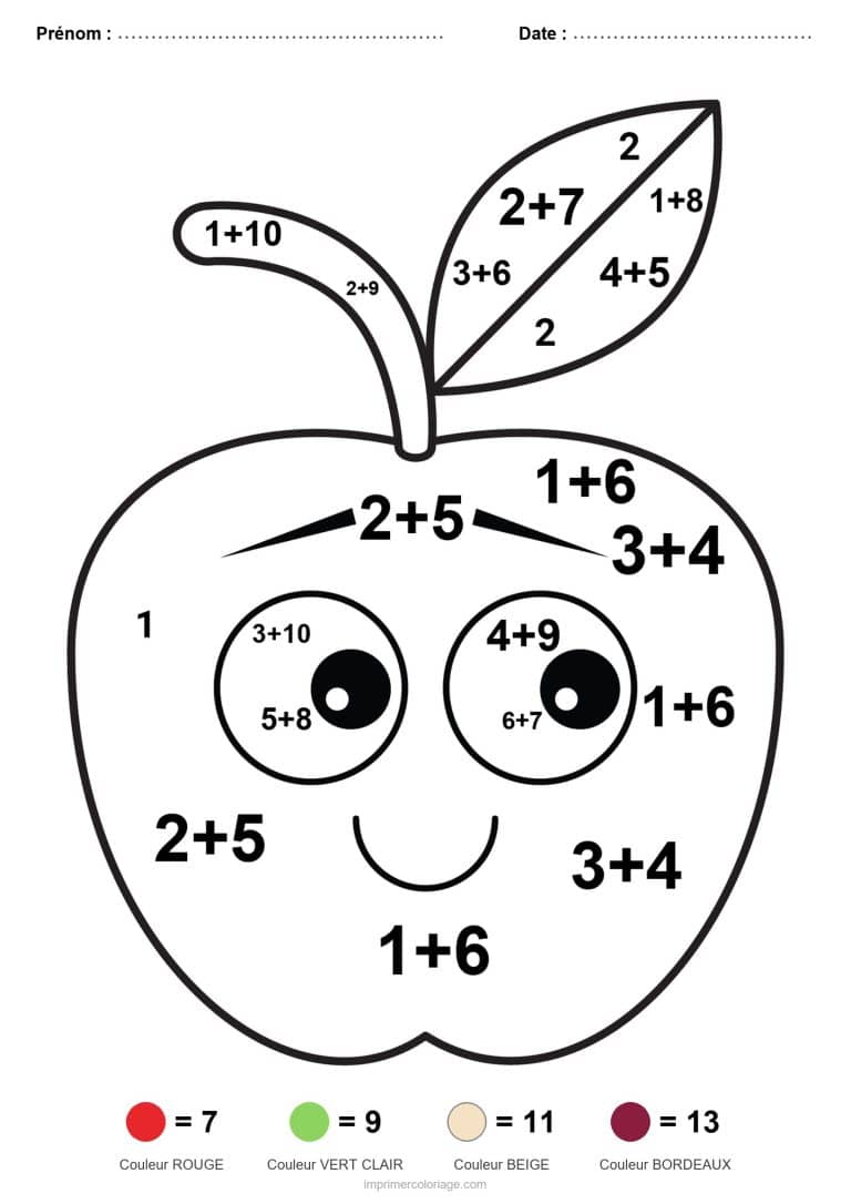 coloriage magique addition pomme facile - dessin gratuit &agrave; imprimer