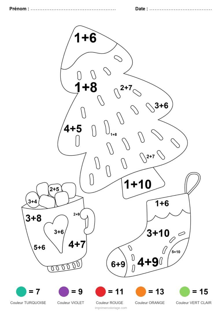 coloriage magique addition sapin tasse et chaussette facile - dessin gratuit &agrave; imprimer