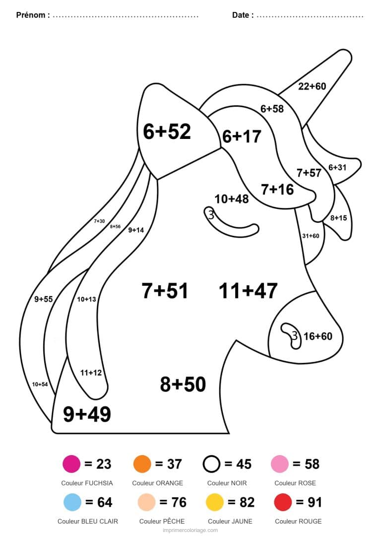 coloriage magique addition tete de licorne au noeud difficile - dessin gratuit &agrave; imprimer