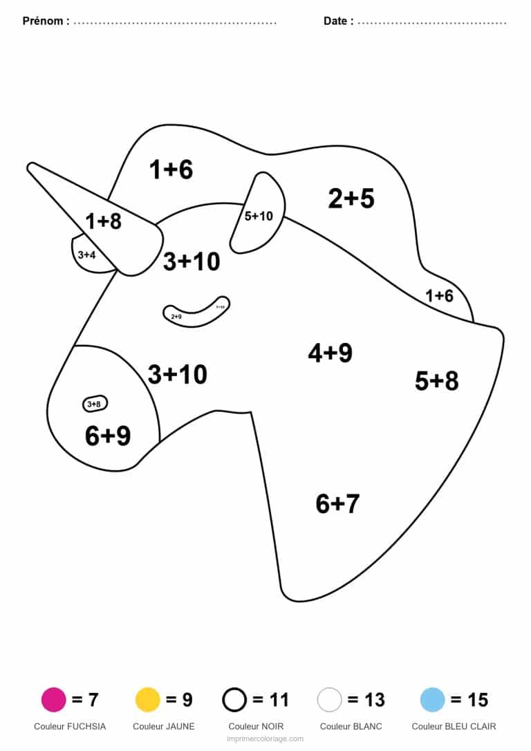 coloriage magique addition tete de licorne souriante facile - dessin gratuit &agrave; imprimer