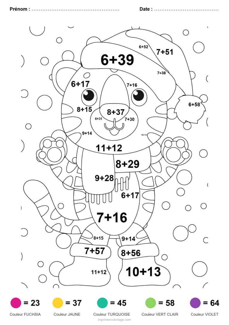coloriage magique addition tigre de noel difficile - dessin gratuit &agrave; imprimer