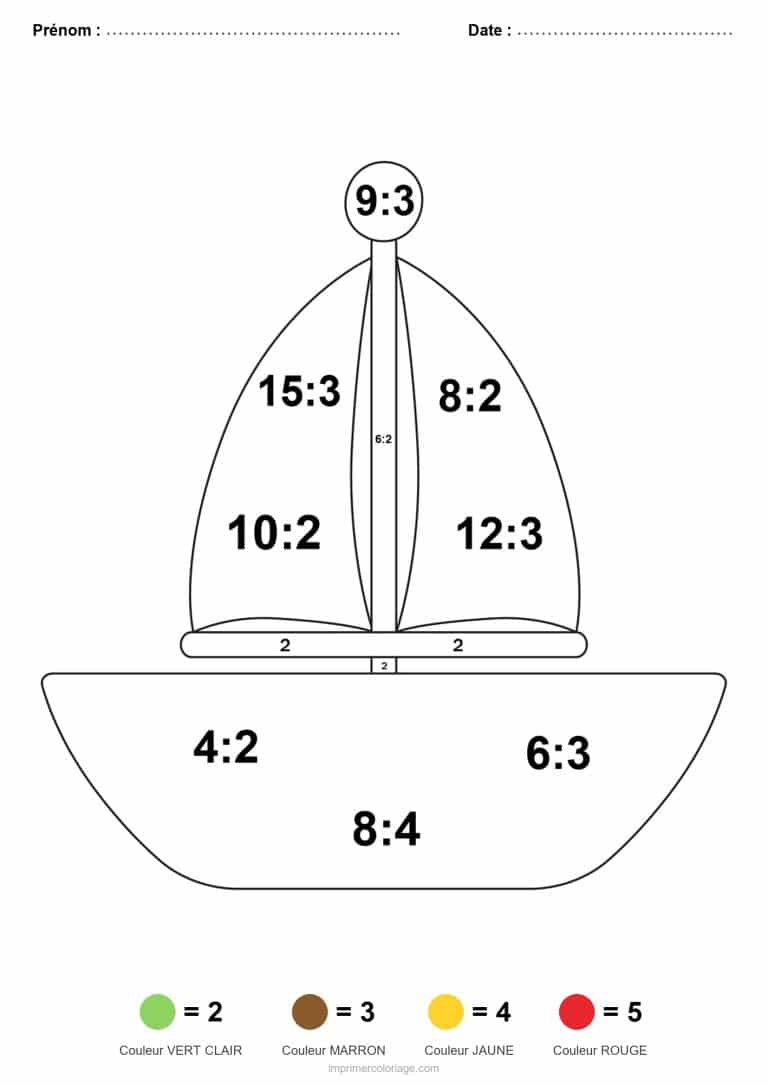 coloriage magique division bateau a voile facile - dessin gratuit &agrave; imprimer