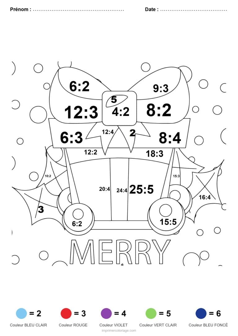 coloriage magique division cadeau au noeud facile - dessin gratuit &agrave; imprimer