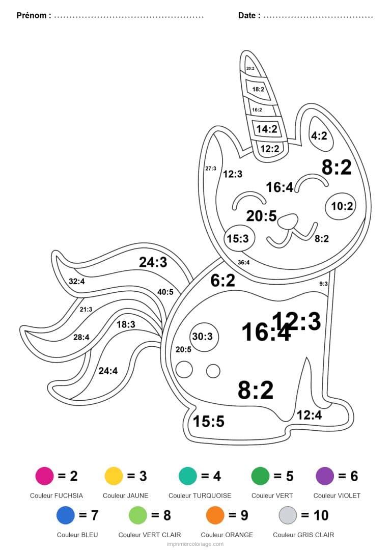 coloriage magique division chat licorne facile - dessin gratuit &agrave; imprimer