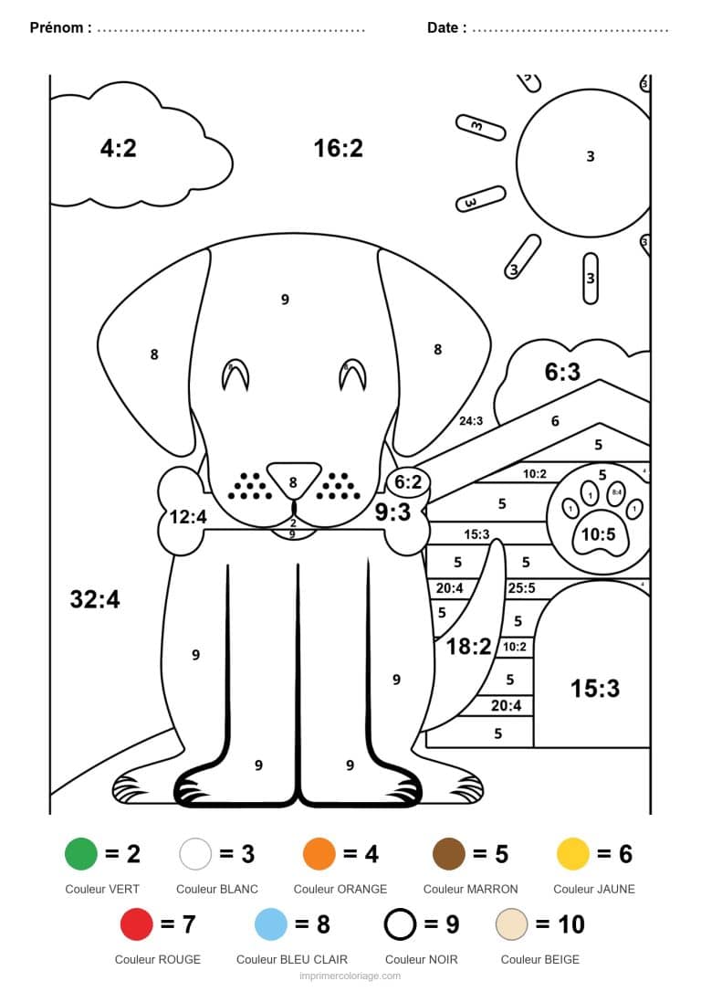 coloriage magique division chien facile - dessin gratuit &agrave; imprimer
