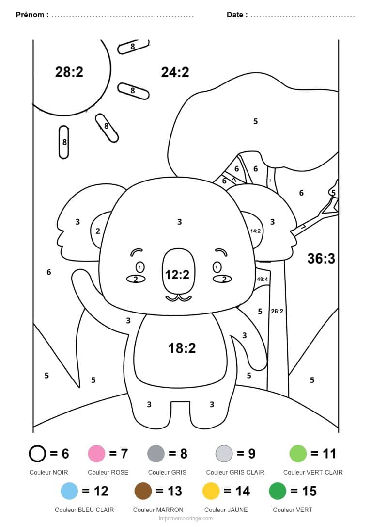 coloriage magique division koala difficile - dessin gratuit &agrave; imprimer
