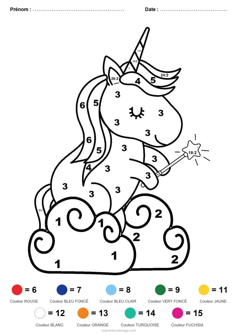 coloriage magique division licorne a la baguette magique difficile - dessin gratuit &agrave; imprimer
