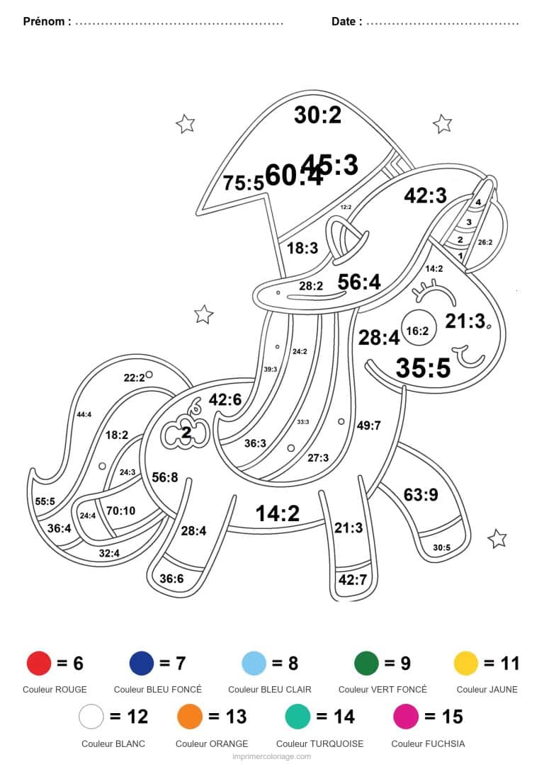 coloriage magique division licorne magicienne difficile - dessin gratuit &agrave; imprimer