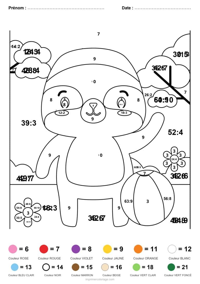 coloriage magique division ourson au ballon difficile - dessin gratuit &agrave; imprimer