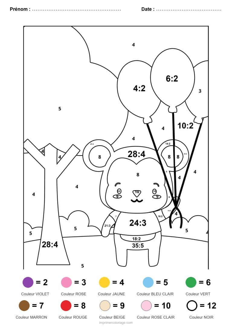 coloriage magique division ourson et ballons facile - dessin gratuit &agrave; imprimer