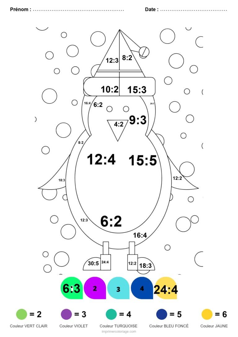 coloriage magique division pingouin au bonnet facile - dessin gratuit &agrave; imprimer
