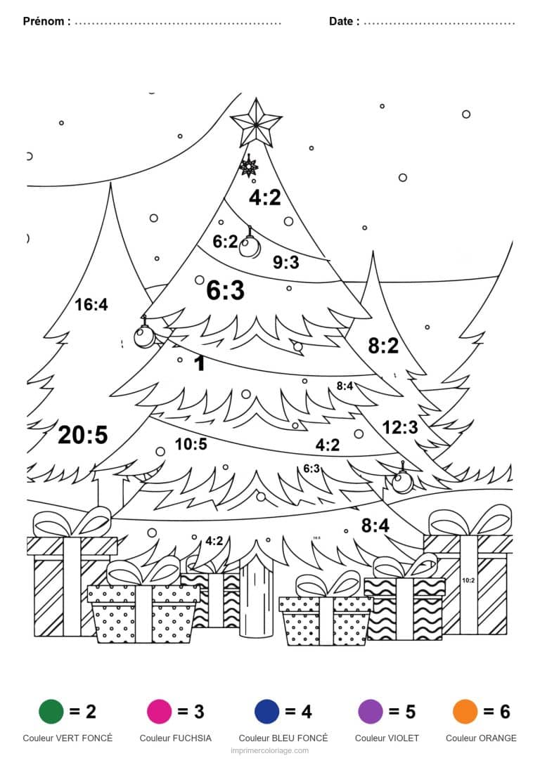 coloriage magique division sapin et cadeaux facile - dessin gratuit &agrave; imprimer