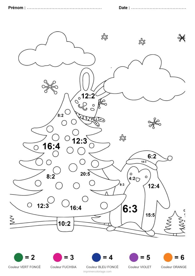 coloriage magique division sapin et pingouin facile - dessin gratuit &agrave; imprimer