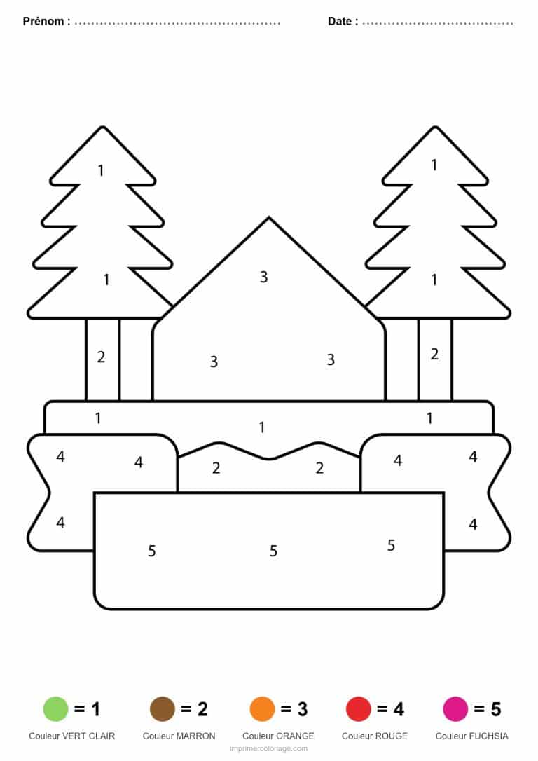 coloriage magique ete cabane et sapins - dessin gratuit &agrave; imprimer
