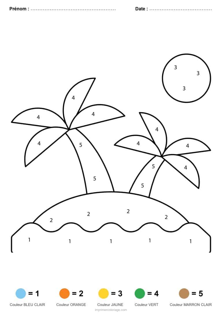 coloriage magique ete ile aux palmiers - dessin gratuit &agrave; imprimer