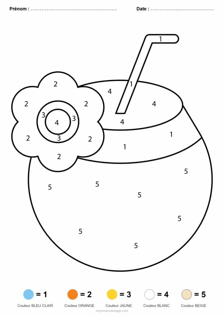 coloriage magique ete noix de coco a la paille - dessin gratuit &agrave; imprimer
