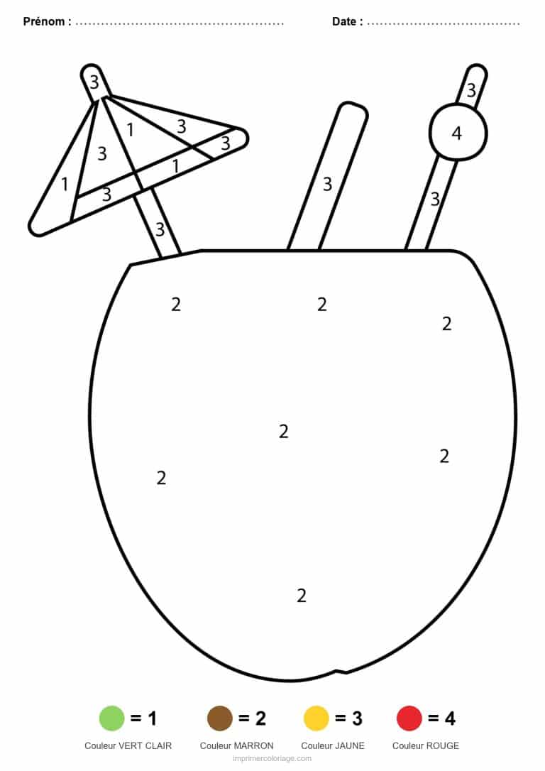 coloriage magique ete noix de coco au parasol - dessin gratuit &agrave; imprimer
